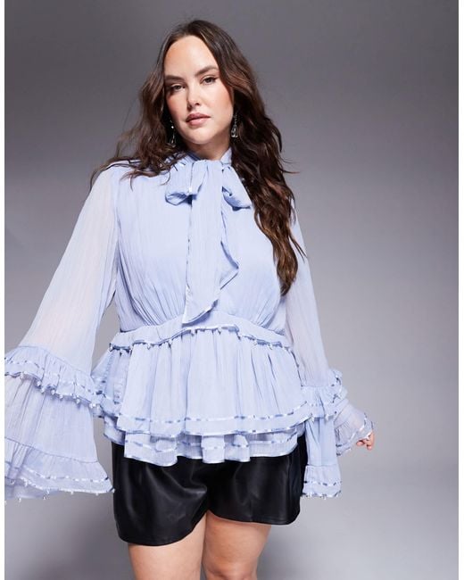 ASOS White Curve Pearl Embellished Chiffon exaggerated Blouse