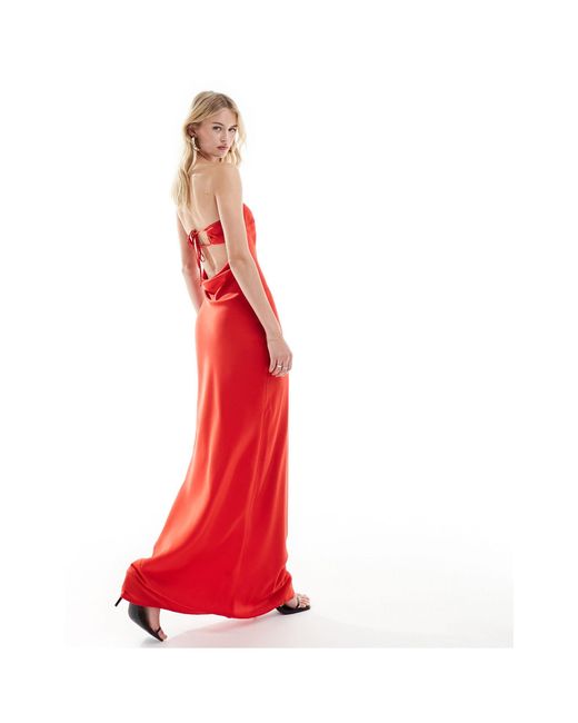 ASOS Red Asos Design Tall Satin Bandeau Bias Maxi Dress With Tie Back