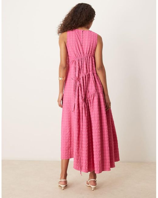 Ghospell Pink Textured Ruched Midi Dress