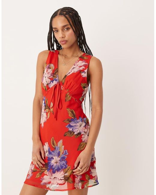 ASOS Red V Neck Mini Slip Dress With Bust Tie Detail