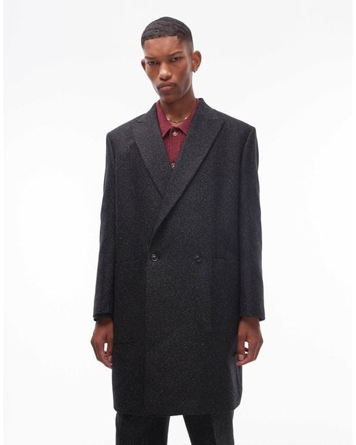 Topman Blue Oversized Salt And Paper Wool Mix Over Coat for men