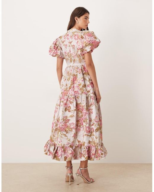 Sister Jane Pink Dream Almost Bloom Jacquard Puff Sleeve Tiered Ruffle Hem Midi Dress