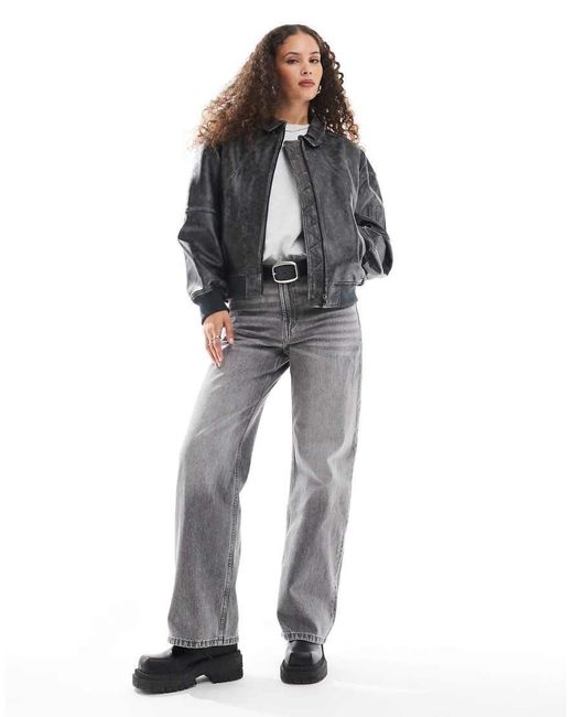Urbancode Gray Distressed Leather Bomber Jacket