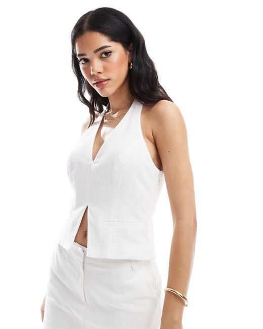 4th & Reckless White Cotton Tailored Halterneck Front Split Waistcoat Top Co-ord