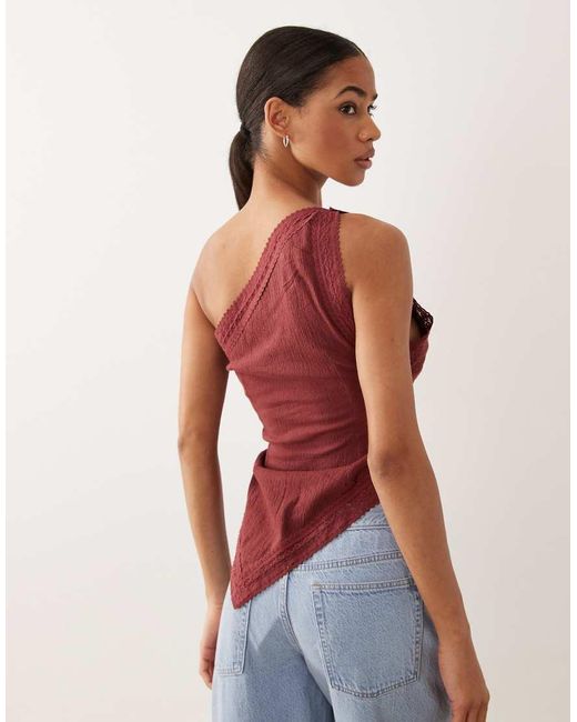 ASOS Red Crinkle Lace Mix One Shoulder Asymmetric Top