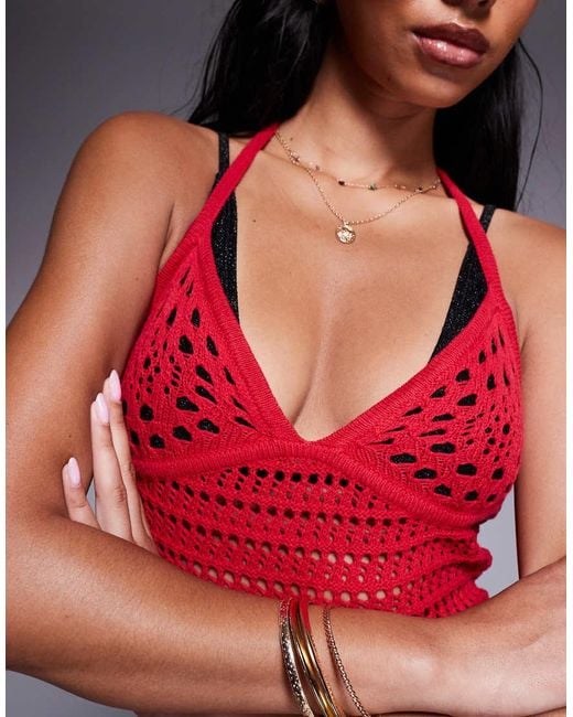 The Frolic Red Exclusive Crochet Halterneck Maxi Dress