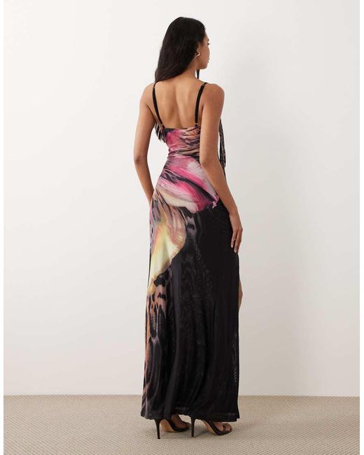 Murci Purple Premium Mesh Cowl Detail Drape Thigh Slit Maxi Dress
