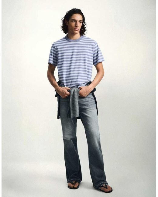 Bershka Blue Washed Stripe Short Sleeve T-Shirt for men