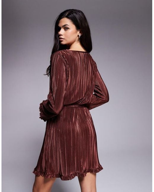 ASOS Purple Plisse Long Sleeve Tie Waist Mini Dress With Frill Detail