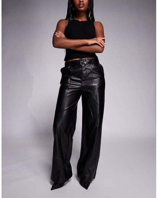 River Island Black Faux Leather Belted Wide Leg Trouser