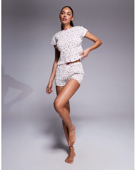 River Island Gray Shirred Cherry Print Nightwear Set