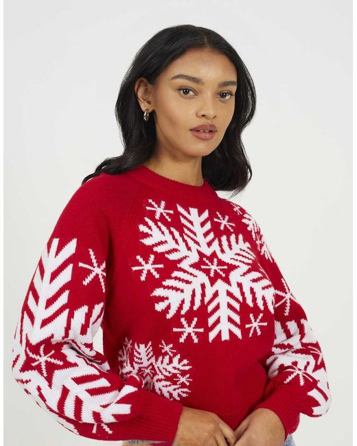 Brave Soul Red Crew Neck Snowflake Christmas Jumper