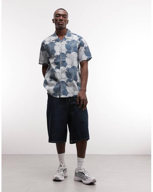 Parlez Blue Short Sleeve Paragon Pattern Button Up Shirt for men