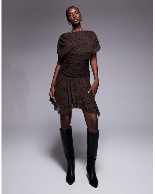 ASOS Brown Devore Short Sleeve Drapey Mini Dress