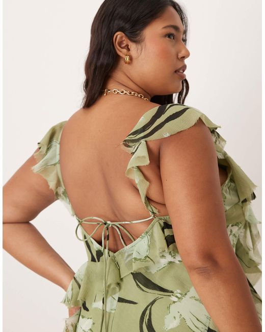Asos design curve - robe longue en biais à volants et dos ou - à imprimé fleuri ASOS en coloris Green