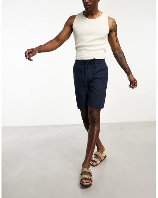 Only & Sons Blue Linen Mix Tie Waist Shorts for men