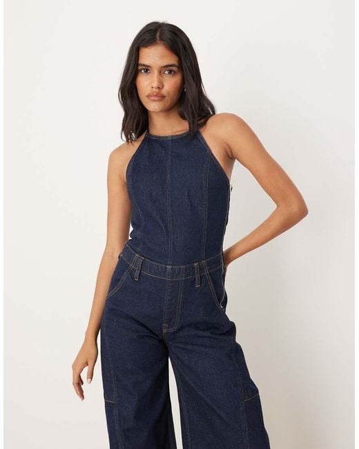 Abercrombie & Fitch Blue Halterneck Barrel Leg Denim Jumpsuit