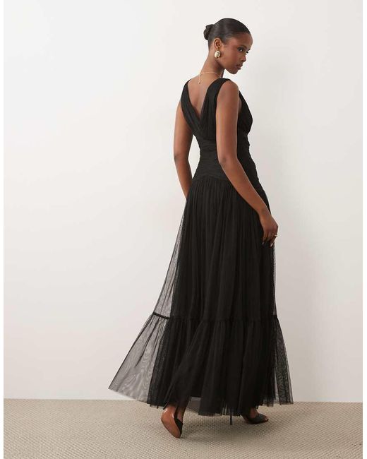 LACE & BEADS Black Bridesmaid Tulle Sleeveless Dropped Waist Tiered Hem Maxi Dress