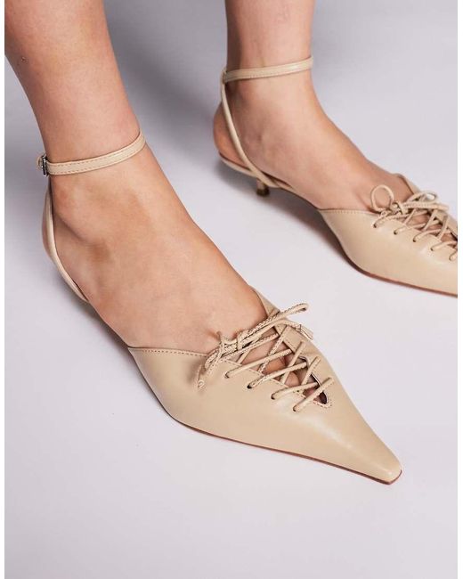 Mango Natural Strappy Pointed Kitten Heel With Lace Up Front