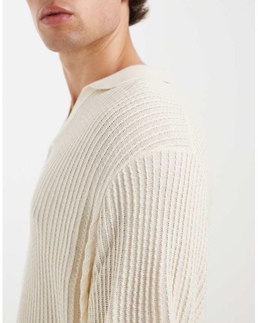 ASOS Natural Oversized Knitted Short Sleeve Crochet Notch Neck Polo With Seoul Embroidery for men
