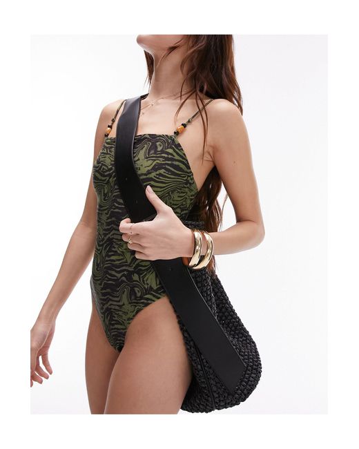 Costume da bagno kaki con stampa animalier e perline di TOPSHOP in Multicolor