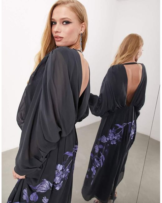 Vestido Midi Con Bordado Floral Y Mangas De Murciélago De Chifón De -Azul Marino ASOS de color Blue