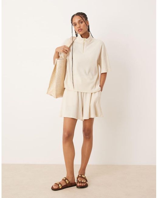 Vila Rechte Top Van Wafelstof Met 1/4 Rits Met Imitatieparel in het Natural