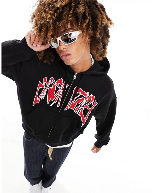 Weekday Black Regular Fit Zip Through Hoodie With Embroidery Graphic for men