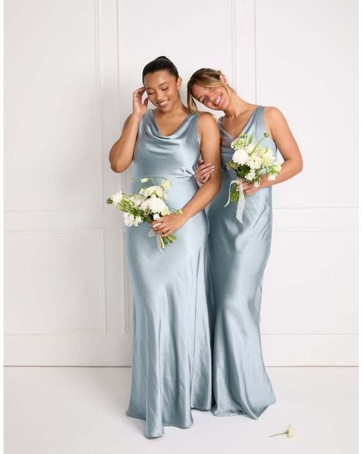 Six Stories Blue Bridesmaid Satin Cowl V Neck Maxi Dress