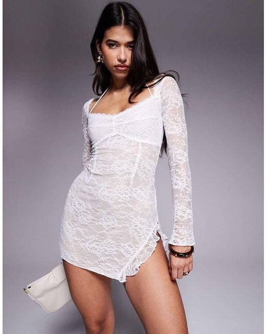 Princess Polly Purple Aubriella Lace Halterneck Thigh Split Ruffle Detail Mini Dress