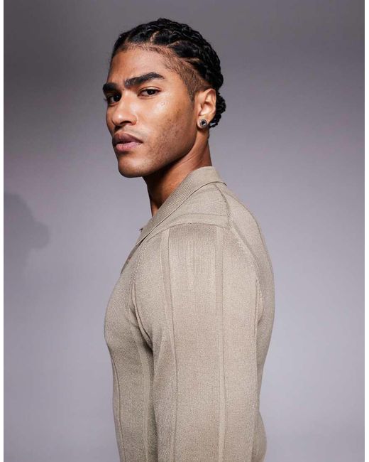 River Island Natural Muscle Fit Ribbed Knitted Polo for men