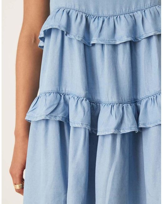 ASOS Blue Soft Denim Smock Tiered Mini Dress With Frill Detail