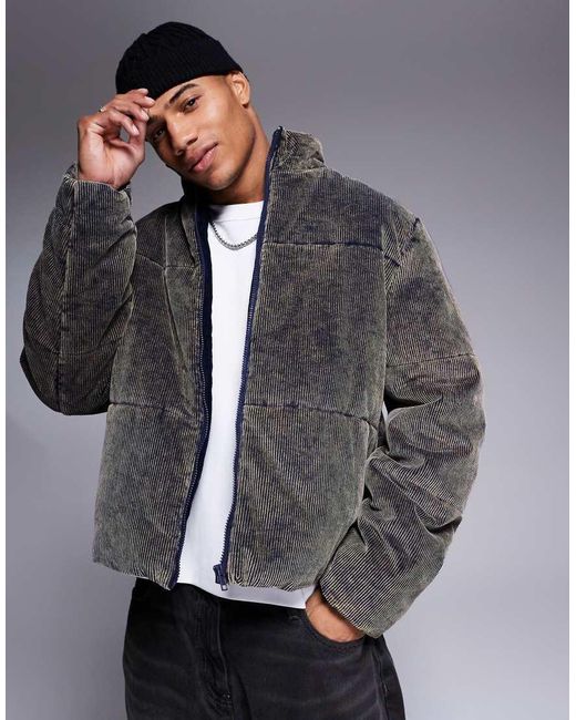 ASOS Gray Acid Washed Cord Puffer Jacket for men