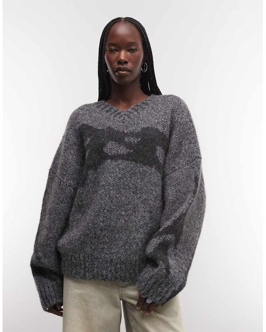 Weekday Black Wool Blend V Neck Jumper With Tonal Jacquard Graphic