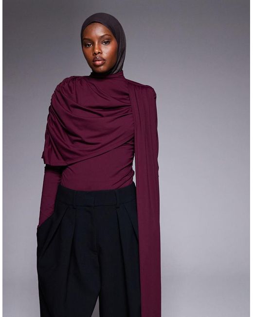 ASOS Purple Long Sleeve Top With Drape Over Scarf