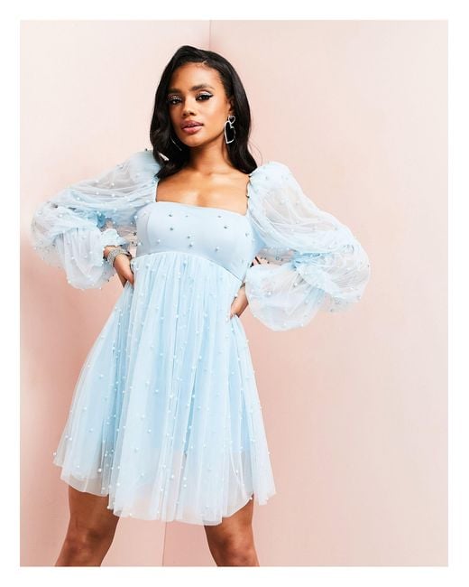 ASOS Tulle Baby Doll Dress With Pearl Embellishment in Blue Lyst