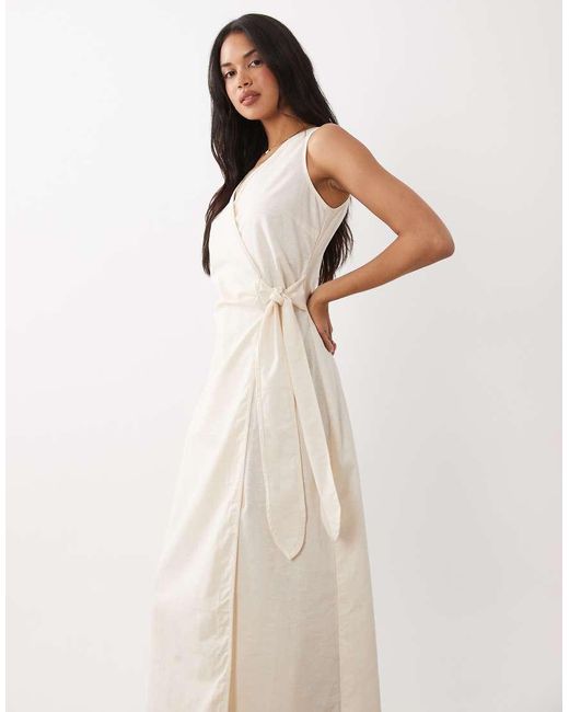 Kaiia Natural Exclusive Linen Blend V-neck Wrap Tie Front Maxi Dress