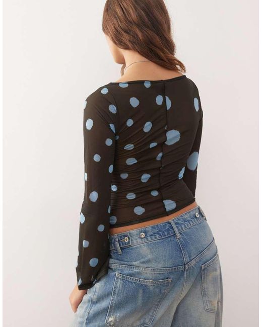Reclaimed Vintage Blue Slash Neck Flare Sleeve Top With Spliced Blurred Polka Dot Print