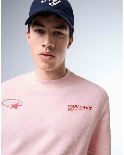 Bershka Pink Fleece Print T-shirt for men