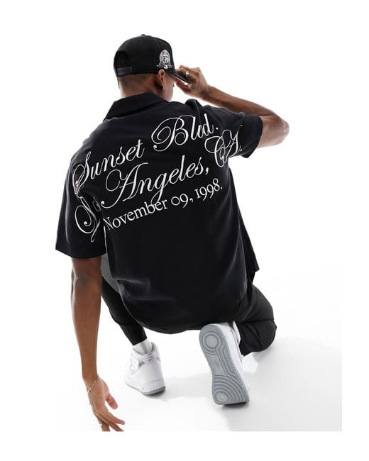 Bershka Black Sunset Boulevard Embroidered Shirt for men