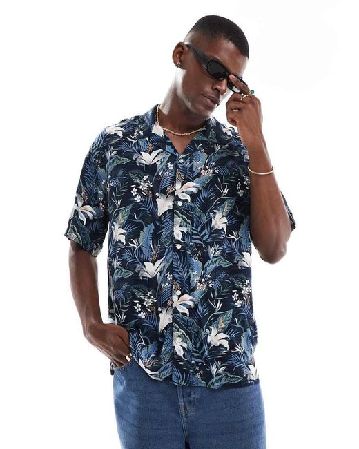 Jack & Jones Blue Revere Collar Tropical Print Short Sleeve Shirt for men