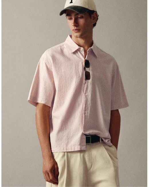Pull&Bear Brown Short Sleeve Check Shirt for men