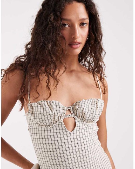 ASOS White Piper Paper Touch Plaid Ruched Balconette Swimsuit