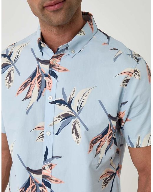 Threadbare Blue Tropical Leaf Print Cotton Short Sleeve Shirt for men