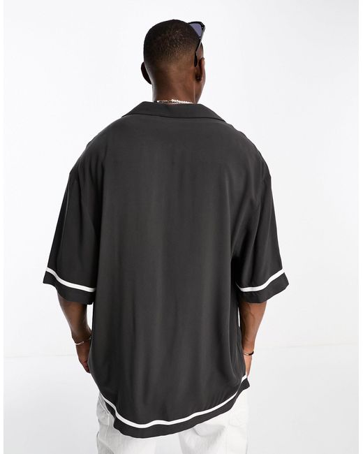 ASOS Black Dropped Shoulder Longline Viscose Bowling Shirt With Cut And Sew for men