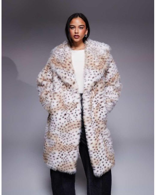 River Island Gray Leopard Faux Fur Long Line Coat