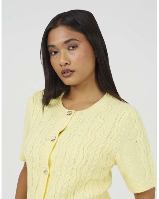 Brave Soul Yellow Short Sleeve Cable Knit Cardigan With Shell Buttons