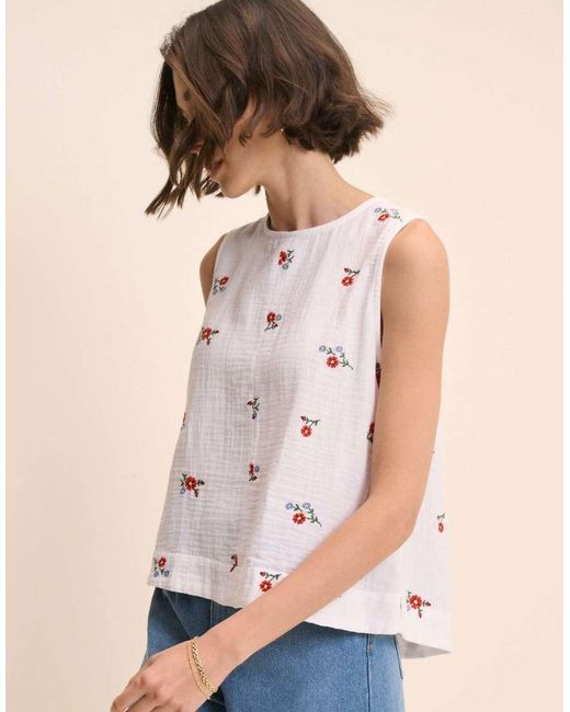 Nobody's Child Natural Floral Embroidered Sleeveless Swing Top