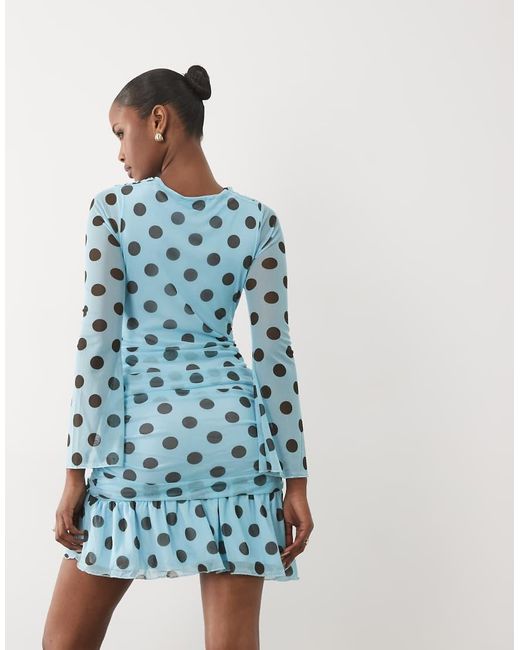 Kaiia Blue Exclusive Mesh Overlay Long Sleeve Cowl Neck Asymmetrical Hem Mini Dress