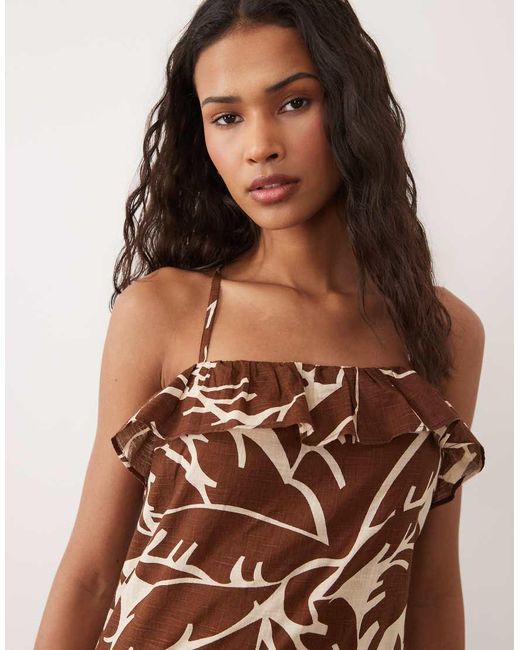 New Look Brown Leaf Print Strappy Midi Dress